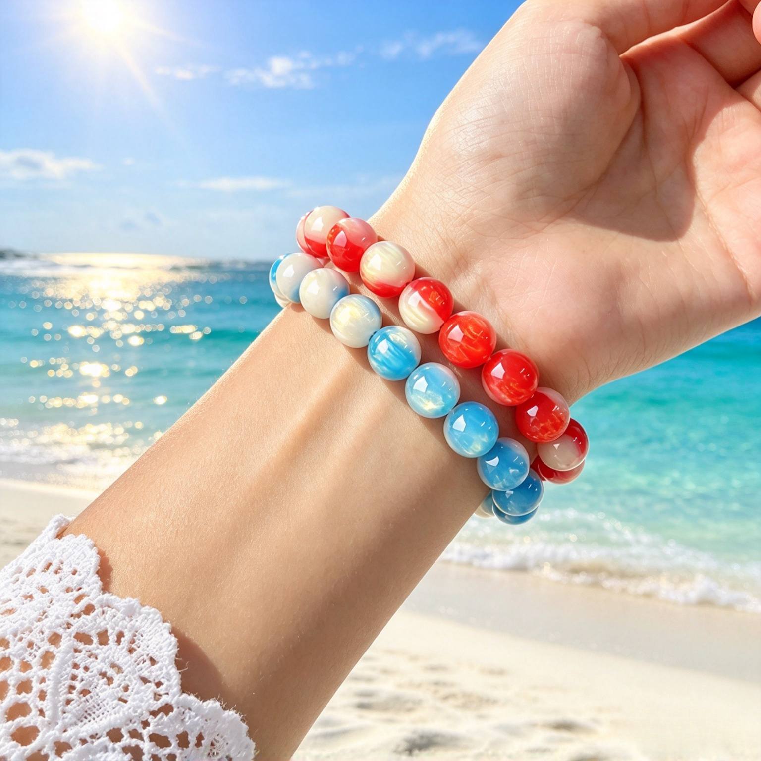 9pc Simple Contrast-Color Textured Beaded Bracelet Set
